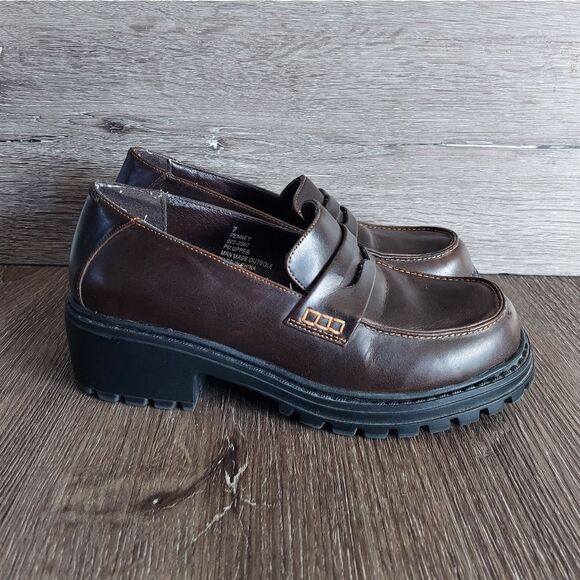  Vintage 90s Arizona Jean Brown Chunky Heel Loafer Shoe Size 7 - Picture 1 of 11